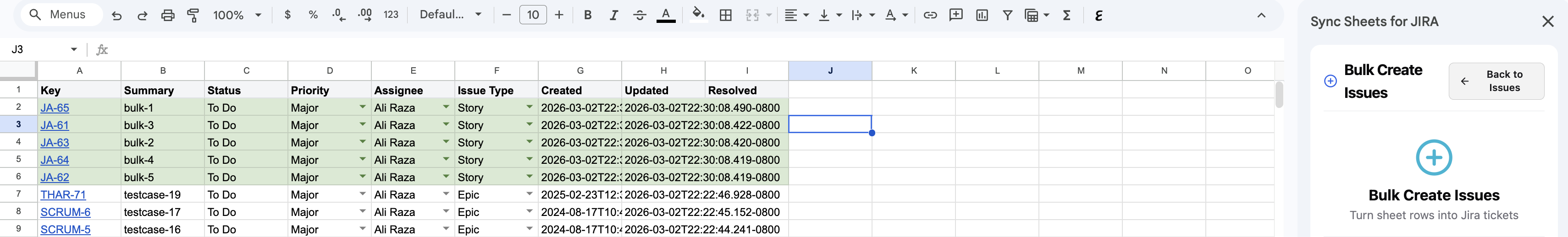 Bulk Create Issues - Result
