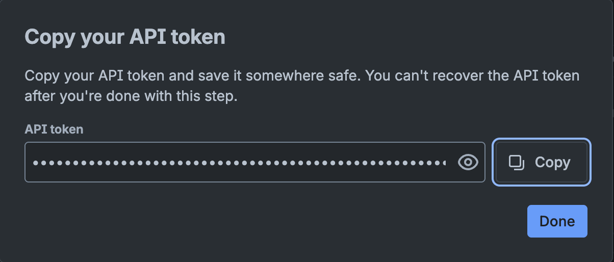 Copy API token dialog