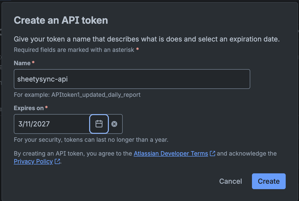 Create API token dialog