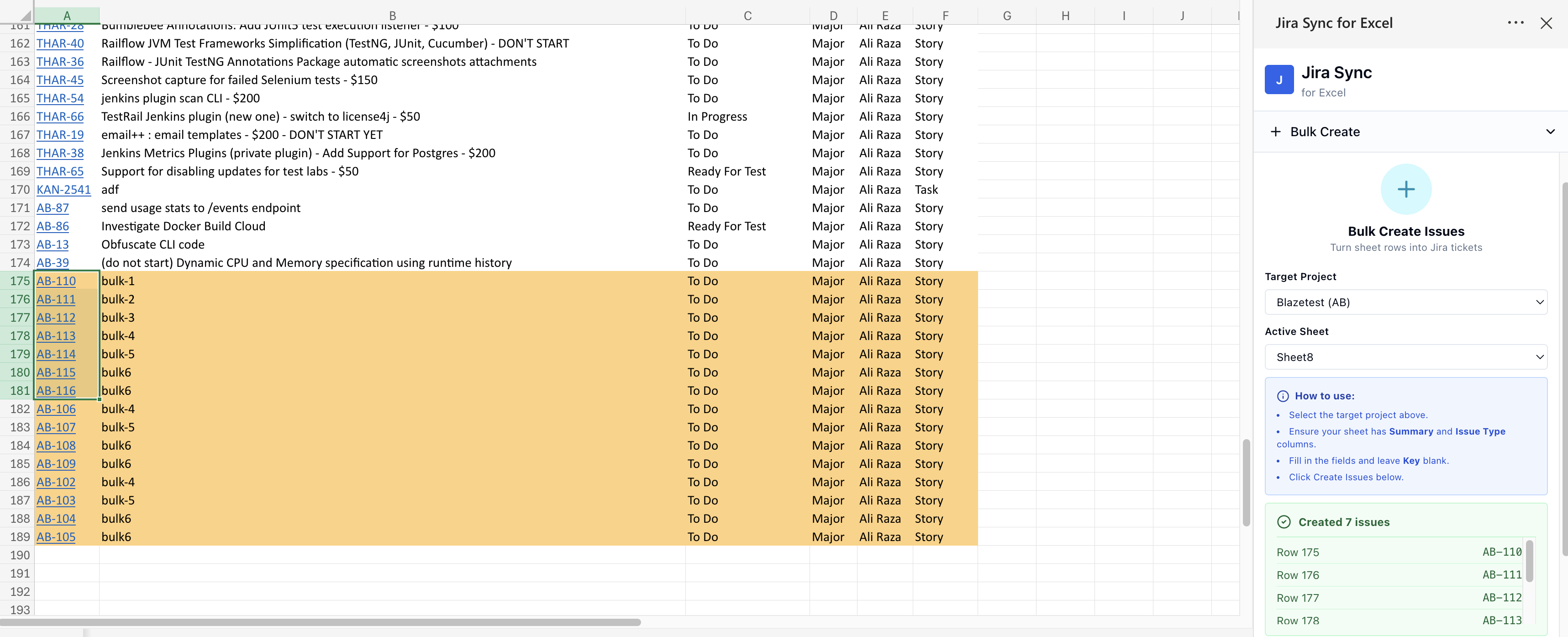 Bulk Create Issues - Result